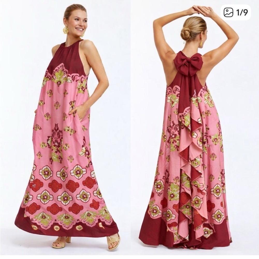 Mestiza New York Halter Maxi Dress Adelina Low Back Flamingo Flourish‎ Size M